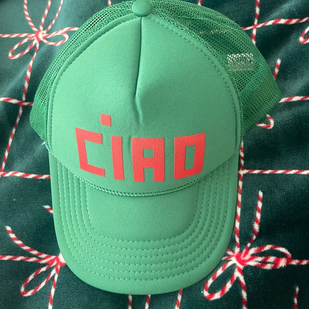 Clare V trucker hat with Red 'CIAO' Print